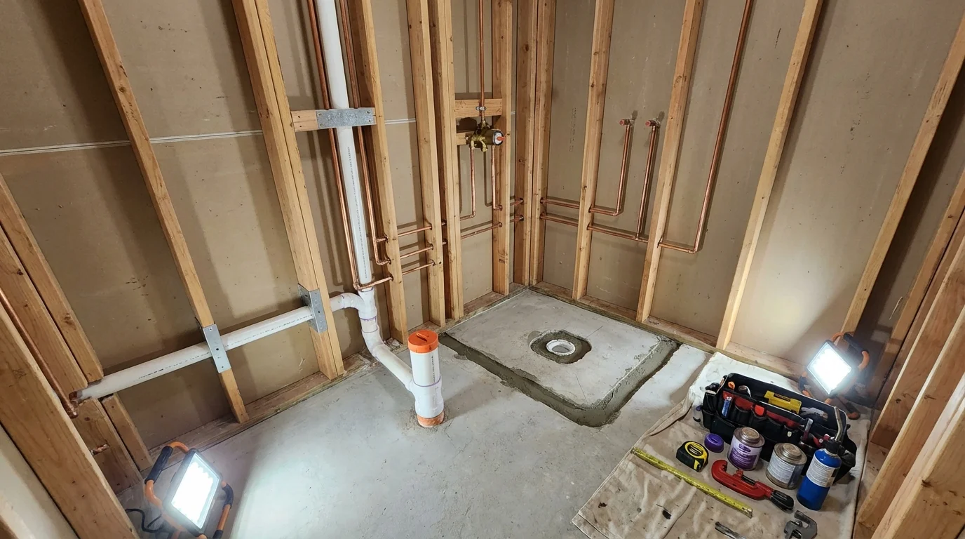 Bathroom rough-in plumbing during remodel by Johns Plumbing LLC in Falls Creek