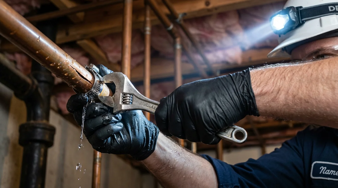 Emergency pipe clamp repair being performed by a Johns Plumbing LLC plumber in Falls Creek