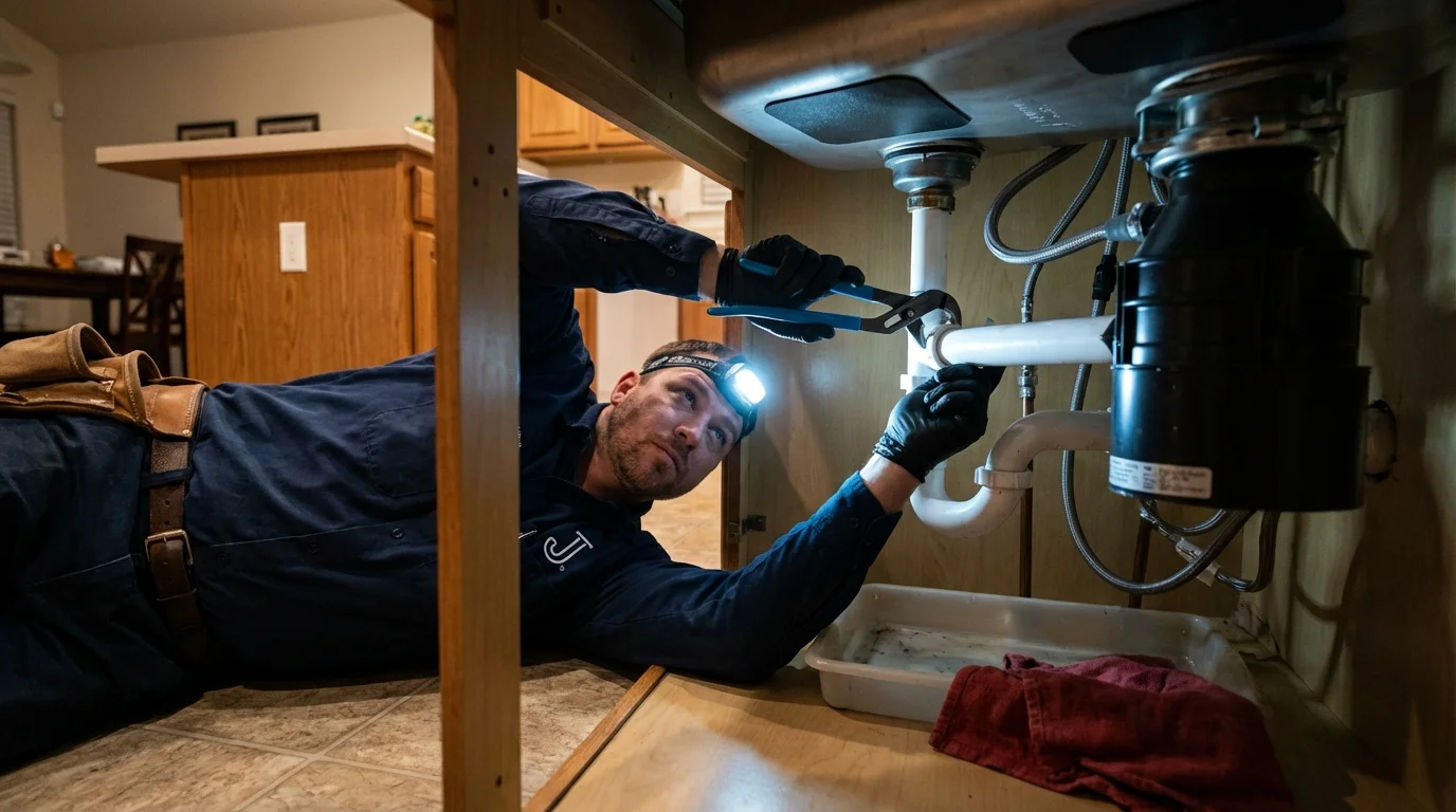 P-trap and supply line connections under a kitchen sink showing a common leak point in Falls Creek, PA